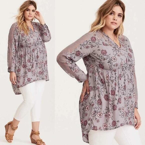 Torrid Hi Lo Floral Print Lace Inset Long Sleeve Shirt Blouse Top Size: 00X (10) - Picture 1 of 12